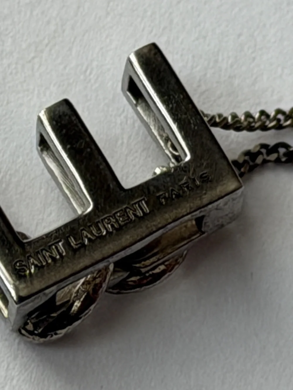 Saint Laurent YSL Sterling Silver E Initial Letter Snake Pendant Chain Necklace